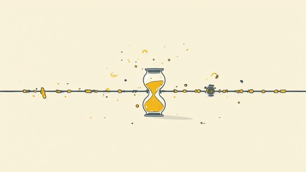 Una clessidra minimalista con sabbia dorata, una linea temporale e un cronometro, su sfondo crema.