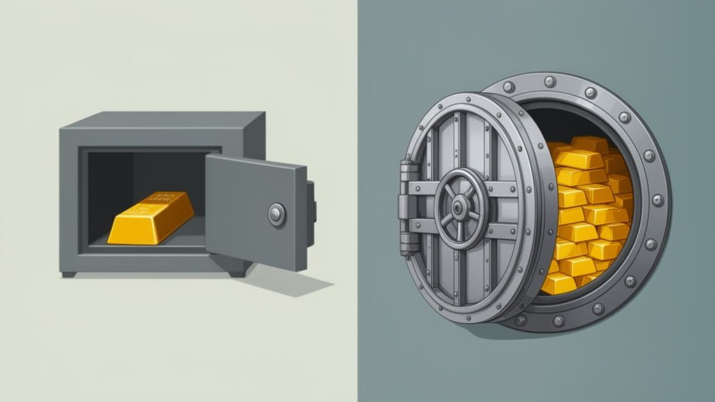Due illustrazioni affiancate: una piccola cassaforte aperta con un lingotto d'oro e un grande caveau pieno di lingotti.