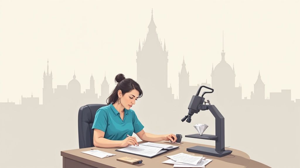 Una donna valuta documenti su una scrivania con un diamante e uno strumento di valutazione, sullo sfondo una città.