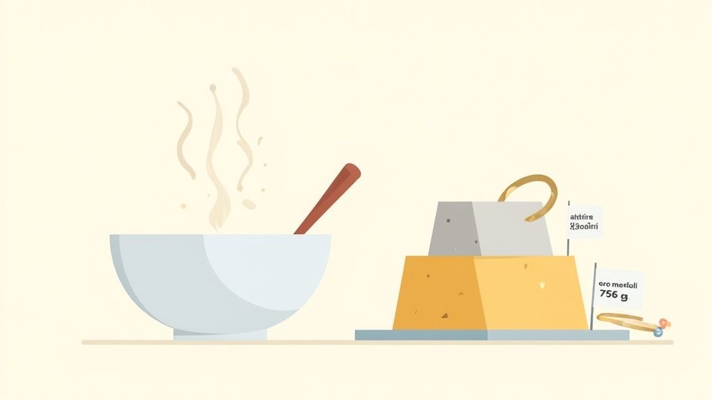 Illustrazione: ciotola di cibo caldo con cucchiaio, blocchi dorati con grattugia e bandierine di oro.