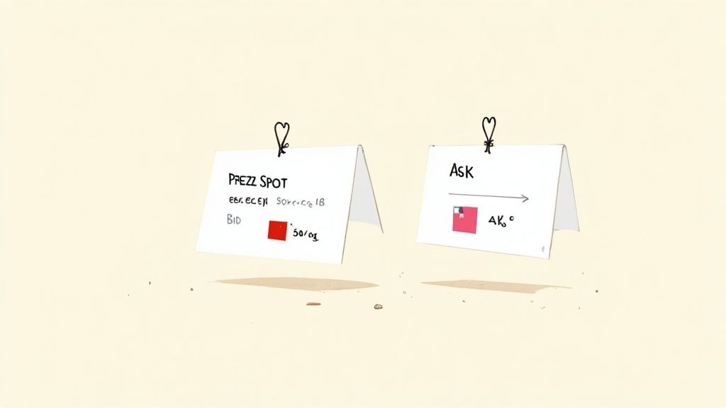 Due schede bianche con clip a cuore mostrano termini finanziari come PREZZ SPOT, BID e ASK.
