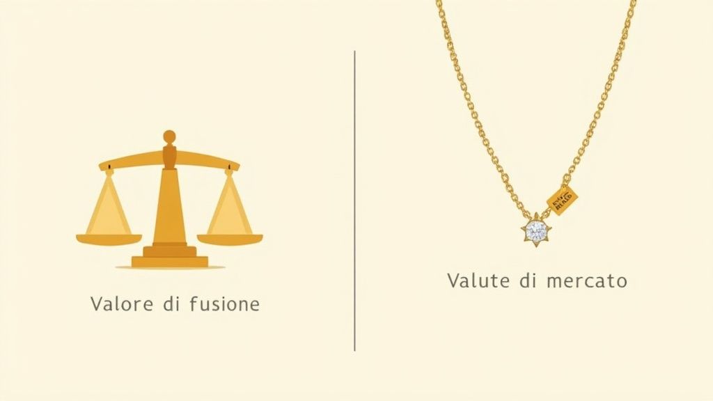 Una bilancia dorata simboleggia il valore di fusione, mentre una collana d'oro rappresenta le valute di mercato.