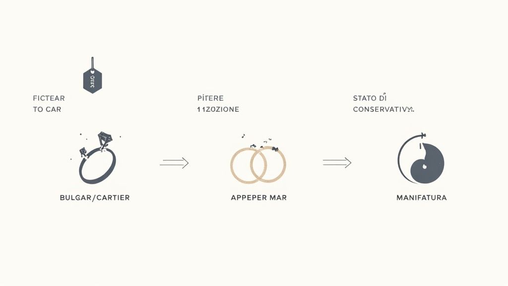 Diagramma illustrativo del processo di valutazione e manifattura di gioielli, mostrando tre fasi chiave.
