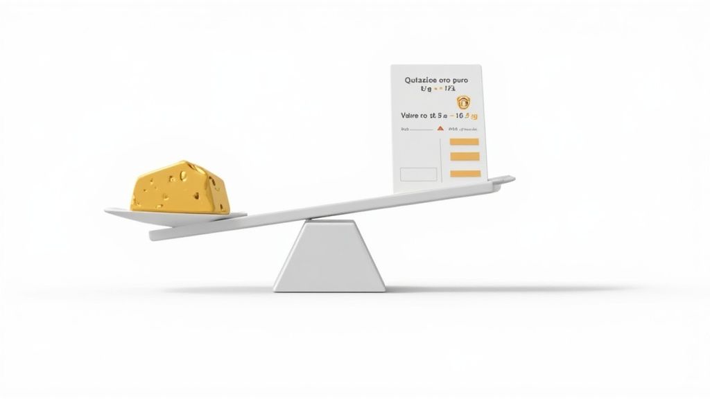 Bilancia che mostra un lingotto d'oro a forma di formaggio e una scheda con quotazione oro puro.