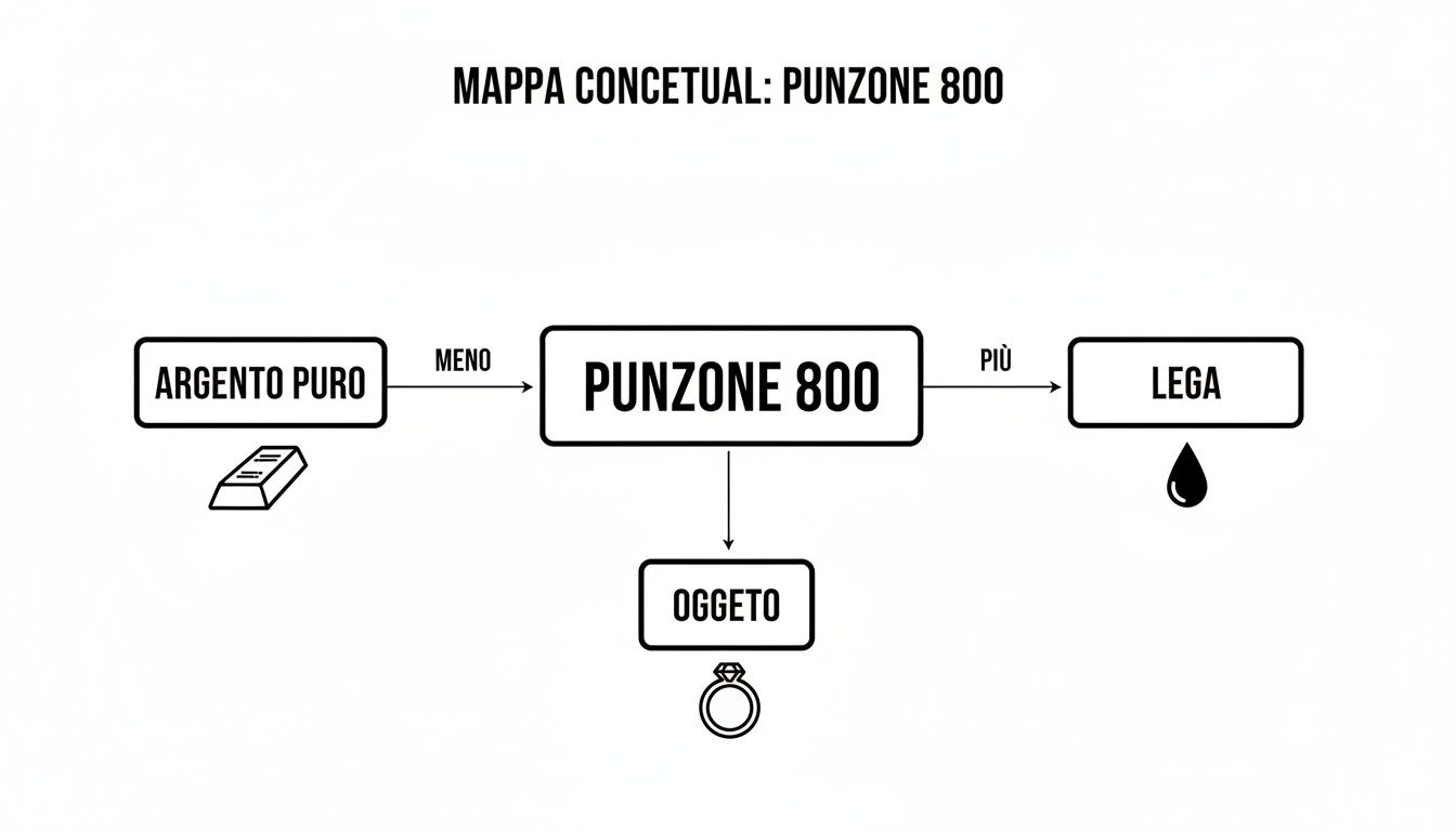 Mappa concettuale che illustra la composizione del Punzone 800 (argento puro e lega) e il suo utilizzo per oggetti.