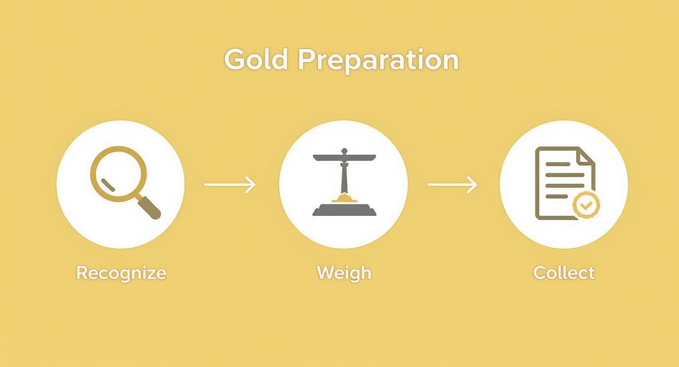 Processo di preparazione dell'oro: riconoscimento, pesatura e raccolta documenti per la vendita