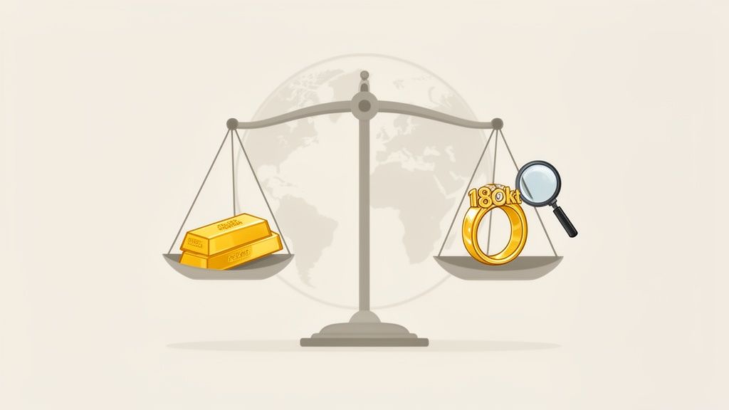 Una bilancia con lingotti d'oro su un piatto e un anello d'oro 18kt con lente sull'altro.