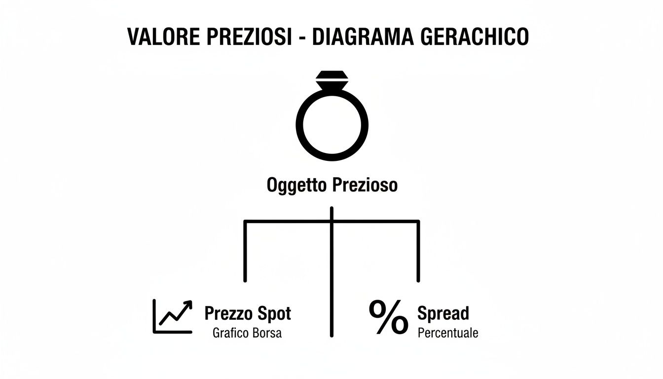 Diagramma gerarchico che illustra il valore di un oggetto prezioso, scomponendo il prezzo spot e lo spread percentuale.