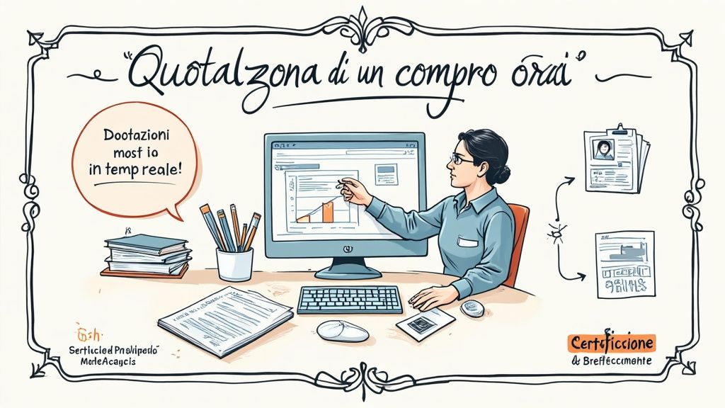 Una donna in un ufficio mostra grafici su un computer, con documenti e scritte relative a quotazioni in tempo reale.