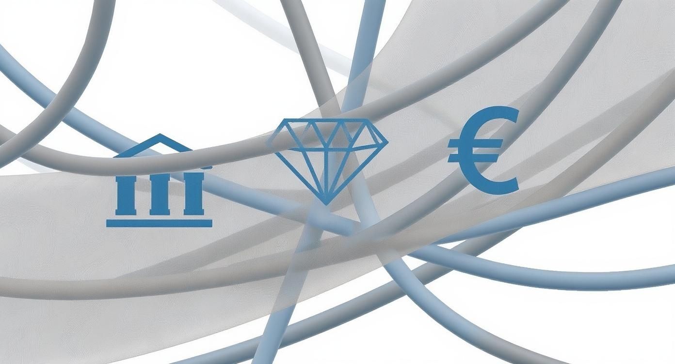 Icone blu di banca, diamante e simbolo dell'euro intrecciate in una rete astratta.