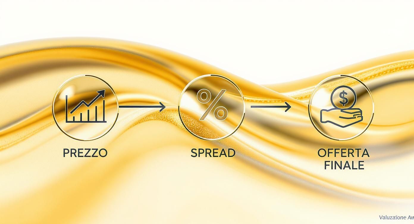 Processo di valutazione dell'oro illustrato con icone: grafici per il prezzo, simbolo percentuale per lo spread e una mano con un dollaro per l'offerta finale su sfondo dorato.