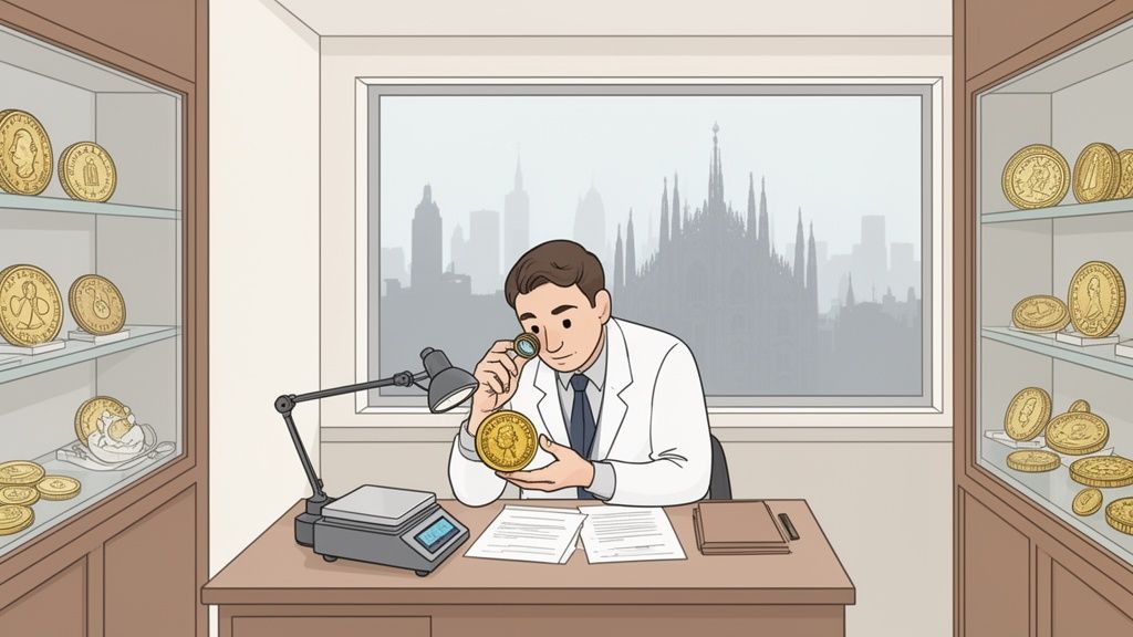 Un esperto valuta una moneta d'oro con lente d'ingrandimento, circondato da collezioni, con il Duomo di Milano sullo sfondo.