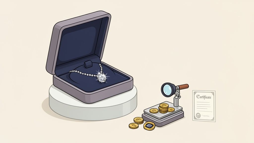 Una collana di diamanti in scatola aperta, monete d'oro, lente d'ingrandimento e certificato di autenticità.