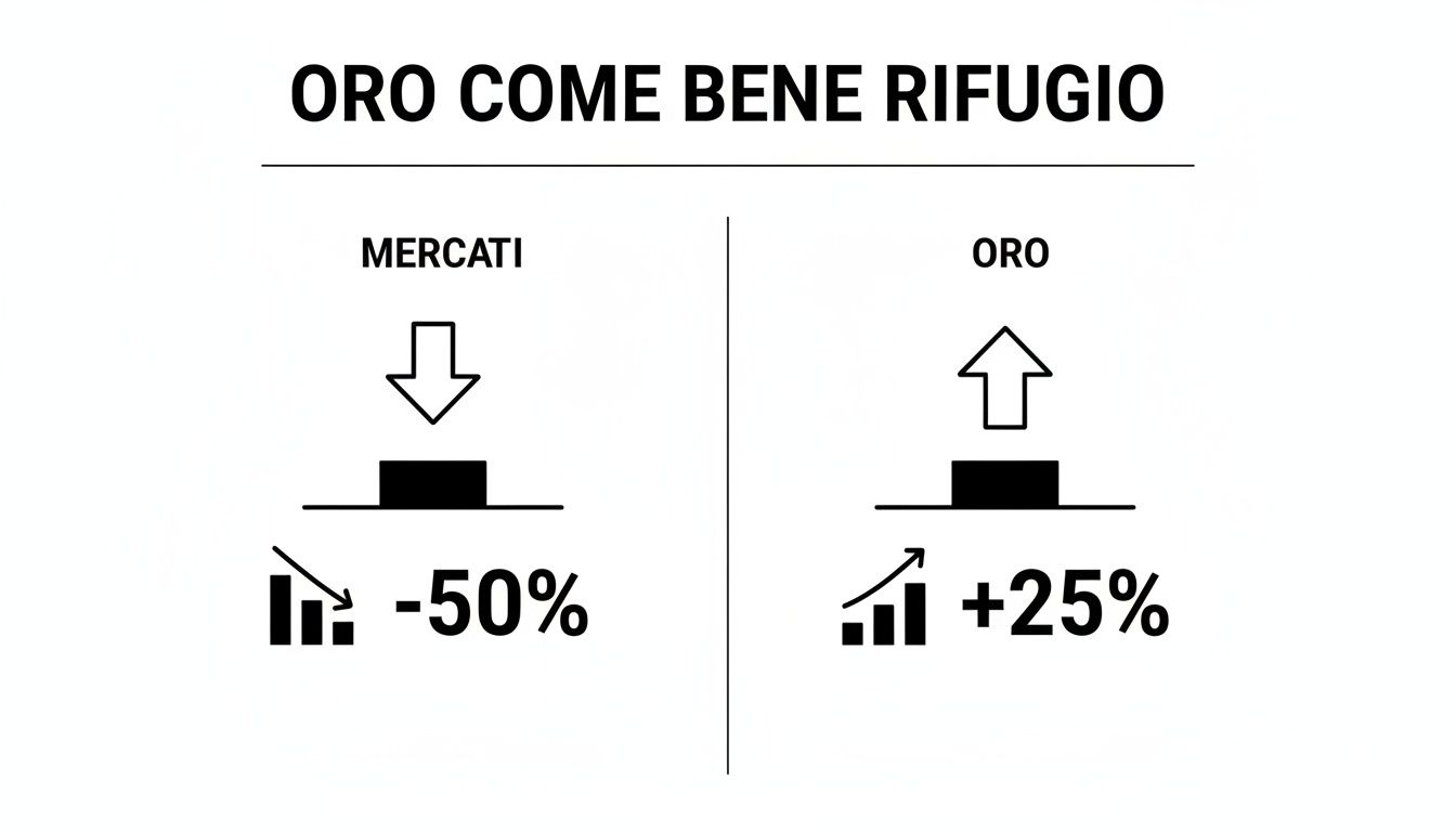 Immagine comparativa che mostra l'oro come bene rifugio: mercati in calo (-50%), oro in rialzo (+25%).