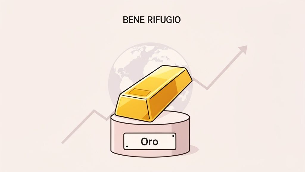 Un lingotto d'oro su un piedistallo, con la scritta "Oro", un grafico in salita e un mappamondo, rappresentando un bene rifugio.