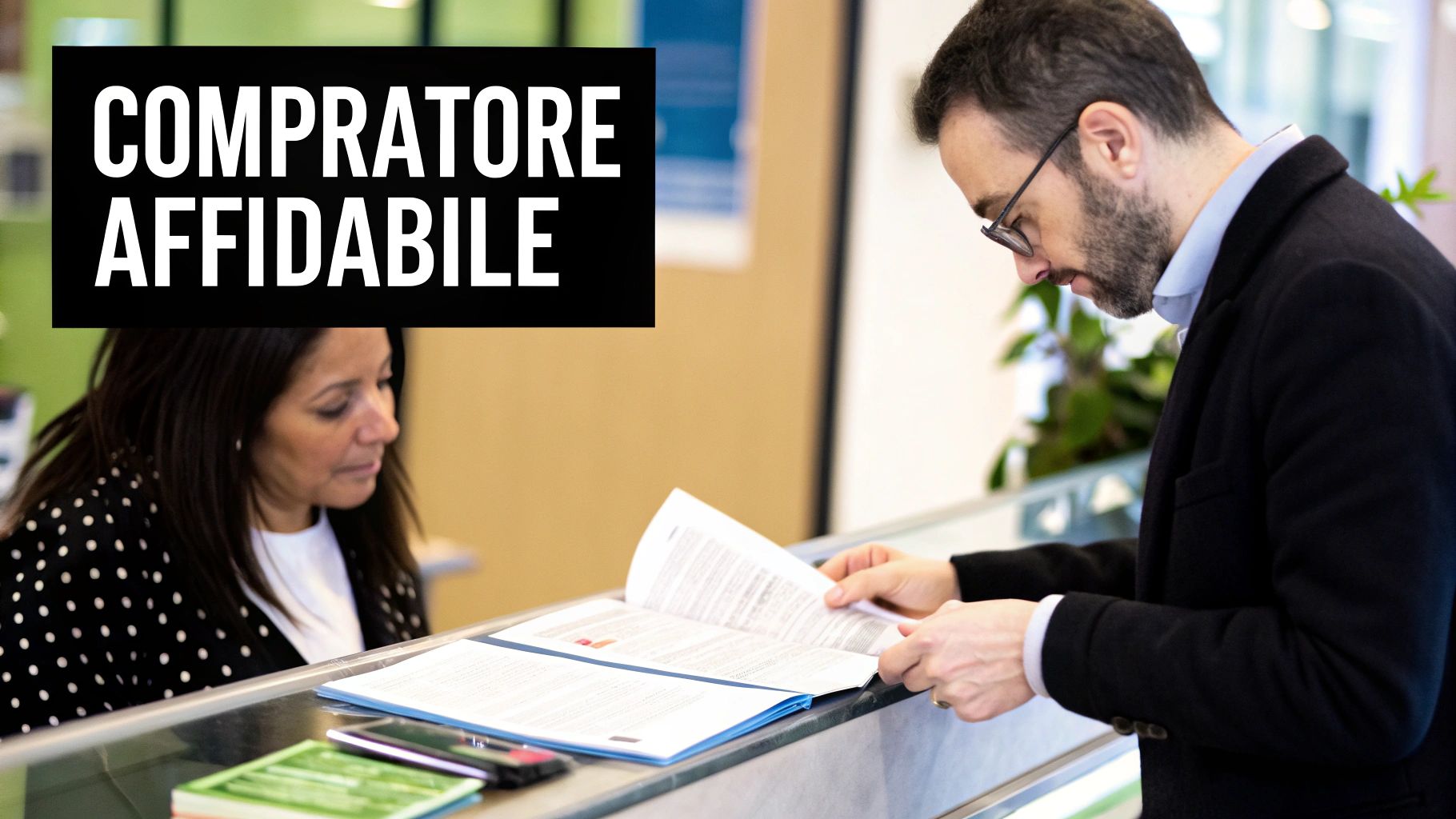 Uomo d'affari che mostra documenti a una donna presso uno sportello per acquirente affidabile