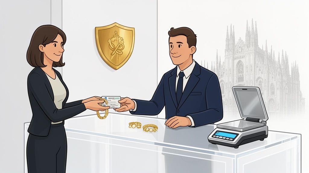 Una donna consegna gioielli d'oro e una carta a un uomo in completo, con una bilancia sul banco.