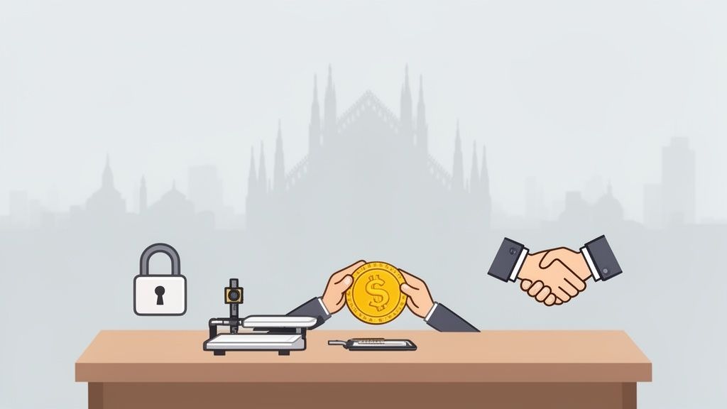 Sicurezza nelle transazioni finanziarie con moneta d'oro, bilancia, lucchetto e stretta di mano su un tavolo.