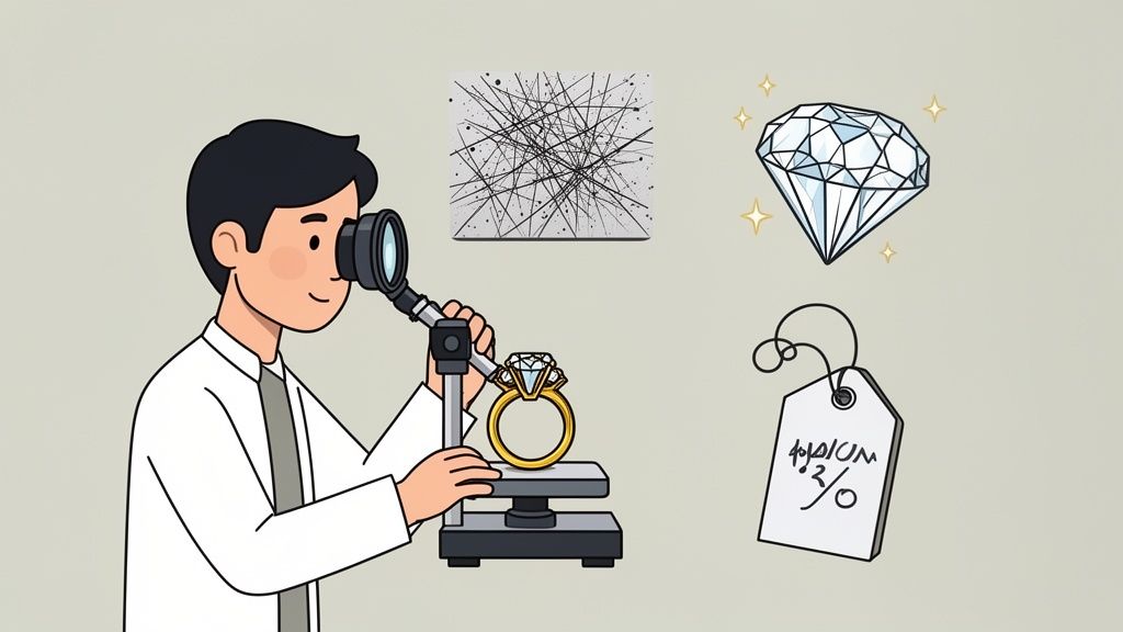 Gemmologo esamina un anello di diamanti al microscopio, con un diamante brillante e un'etichetta del prezzo.
