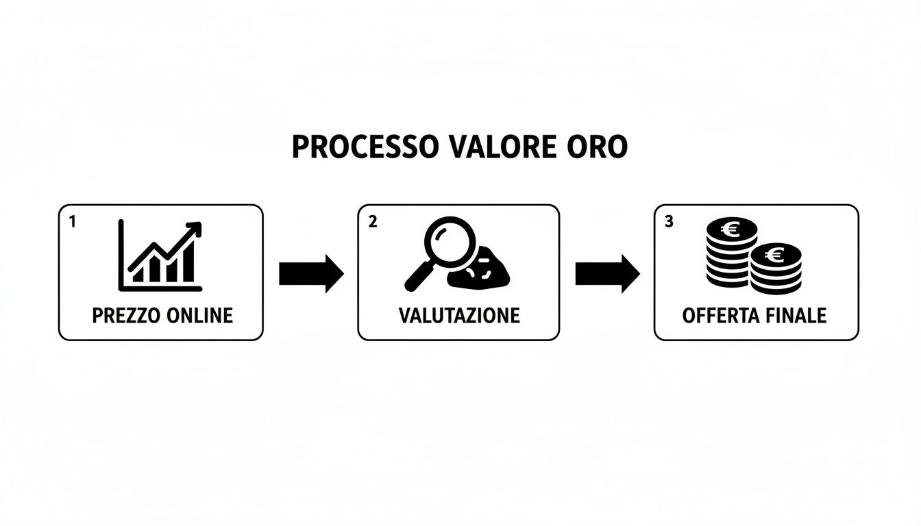 Diagramma di flusso che illustra il processo di valutazione dell'oro in tre fasi: prezzo online, valutazione e offerta finale.