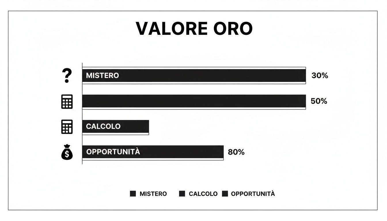 Grafico a barre che illustra il valore dell'oro, con categorie di mistero, calcolo e opportunità.