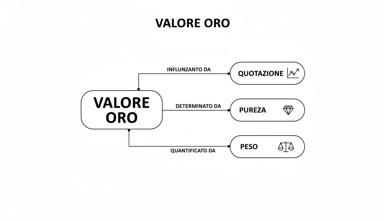 Diagramma esplicativo del valore dell'oro, influenzato dalla quotazione, determinato dalla purezza e quantificato dal peso.