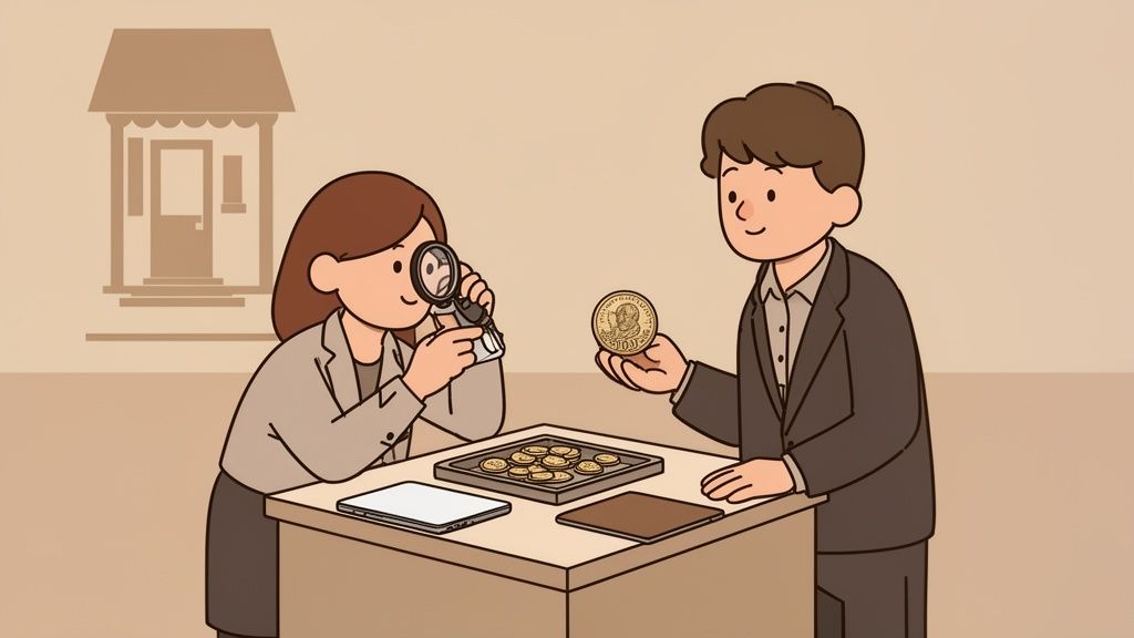 Due persone esaminano e valutano monete preziose su un tavolo in un negozio numismatico.