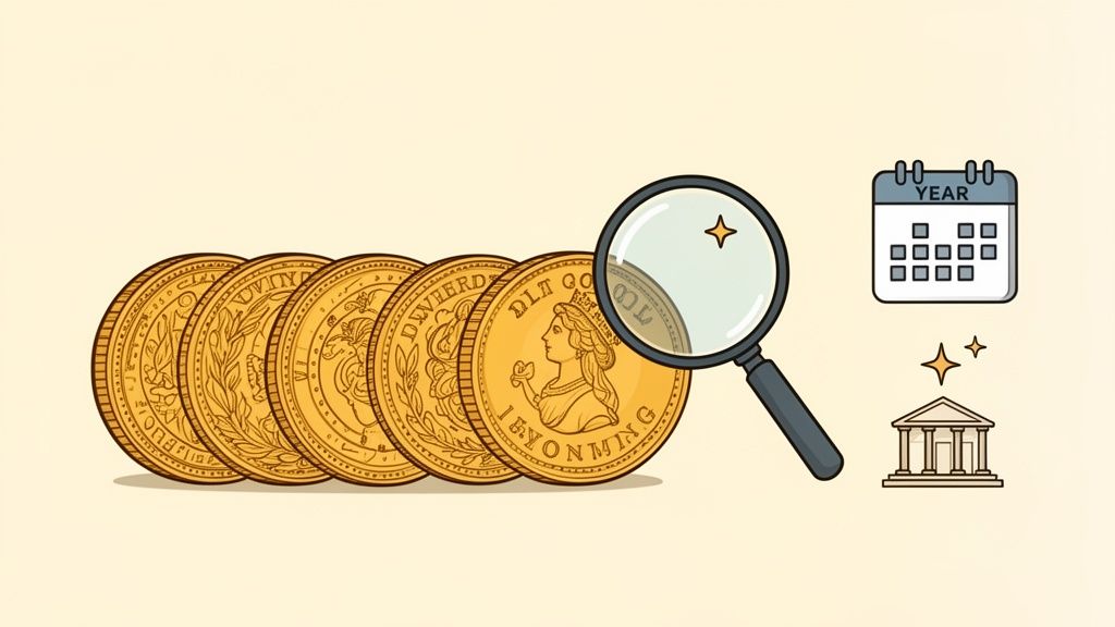 Monete d'oro, lente d'ingrandimento, calendario e edificio illustrano l'analisi del valore delle sterline d'oro.