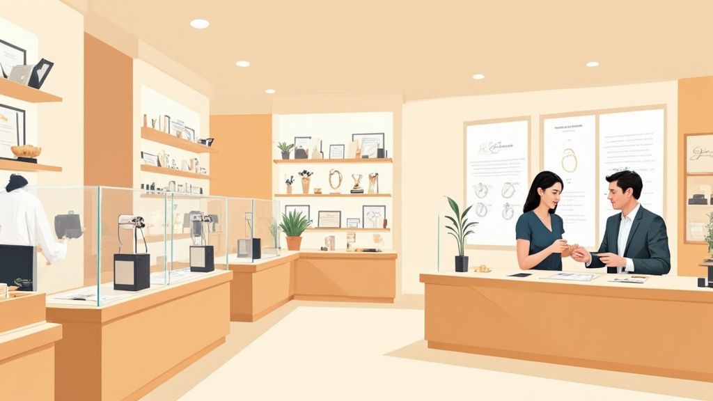 Interno di una gioielleria luminosa con due persone che interagiscono al bancone e vetrine di gioielli.