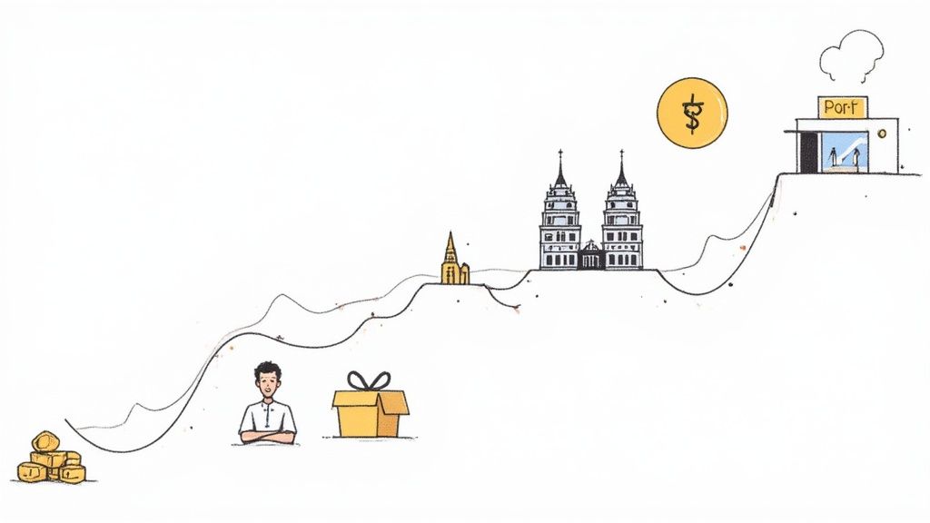 Illustrazione stilizzata di un percorso economico con oro, persona, regalo, città e porto, culminante in un guadagno.