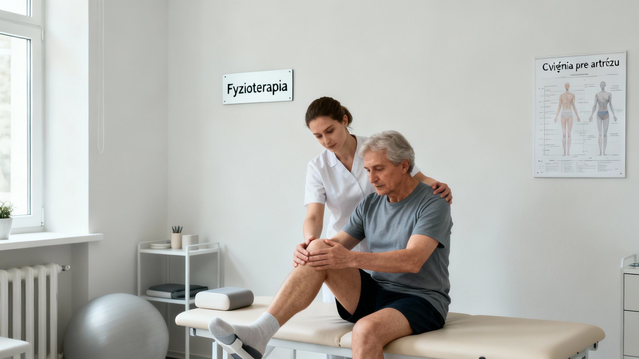 Žena fyzioterapeutka vyšetruje koleno staršieho pacienta počas rehabilitácie v medicínskej ordinácii.