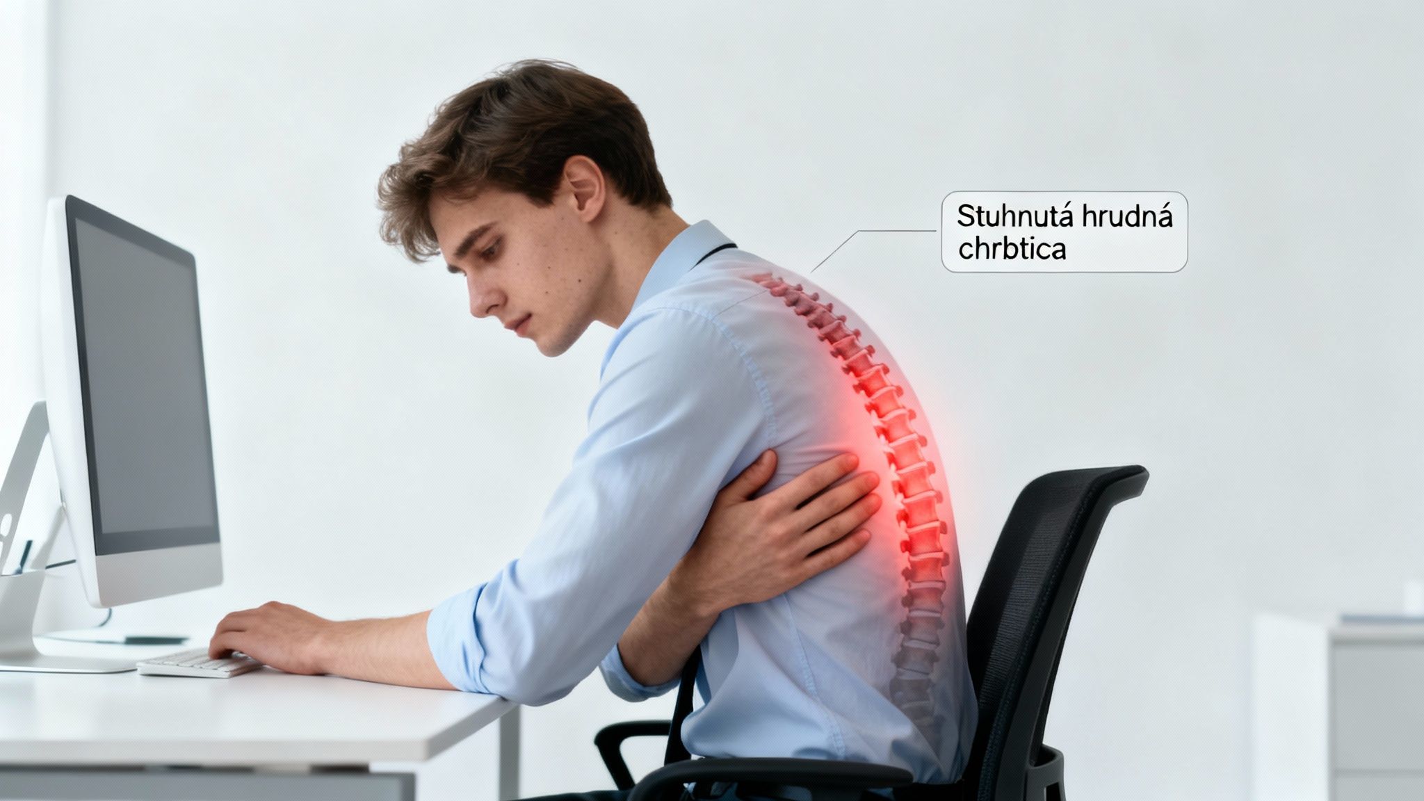 Muž sedí pri počítači s bolesťou chrbta, zvýrazňujúcou stuhnutú hrudnú chrbticu.