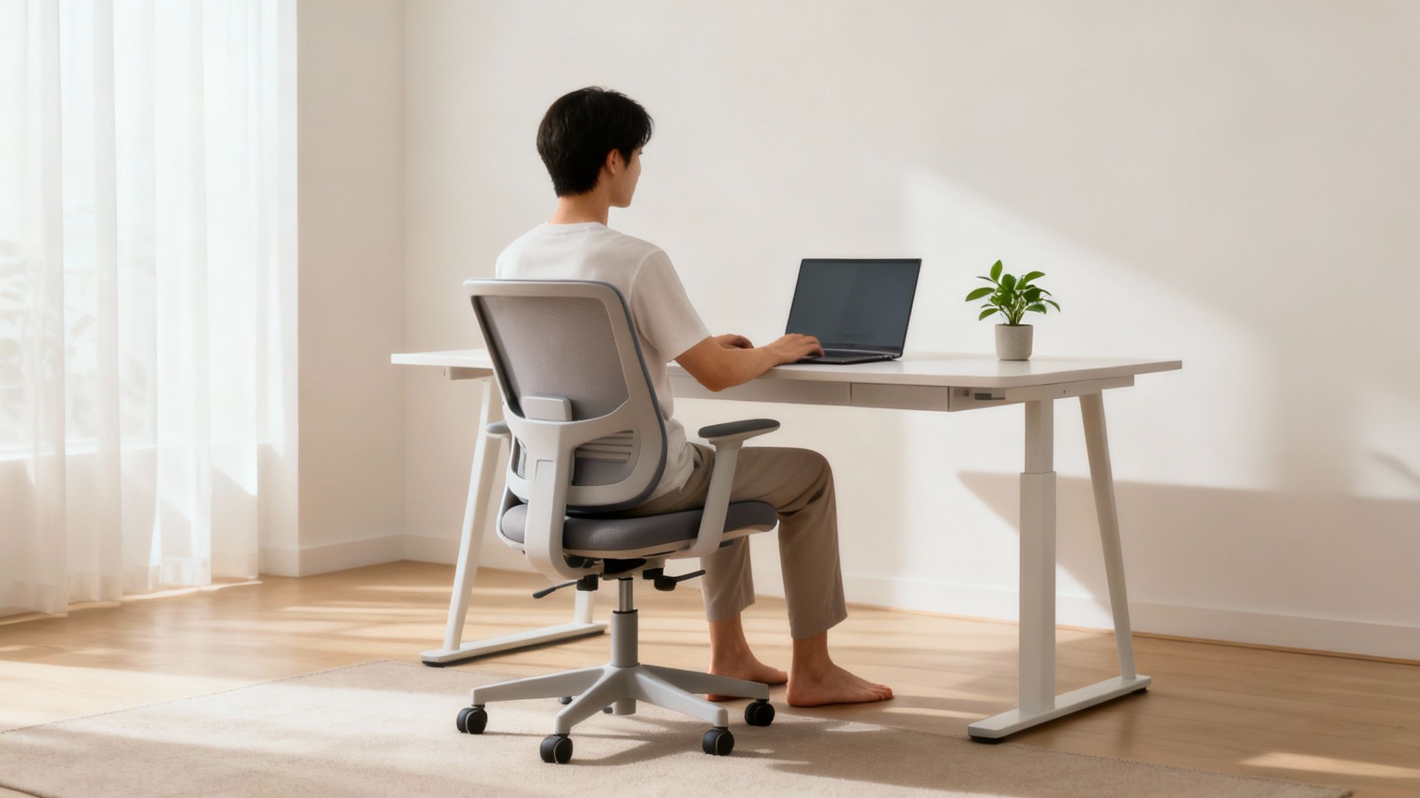 Osoba pracuje za ergonomicky nastaveným stolom.