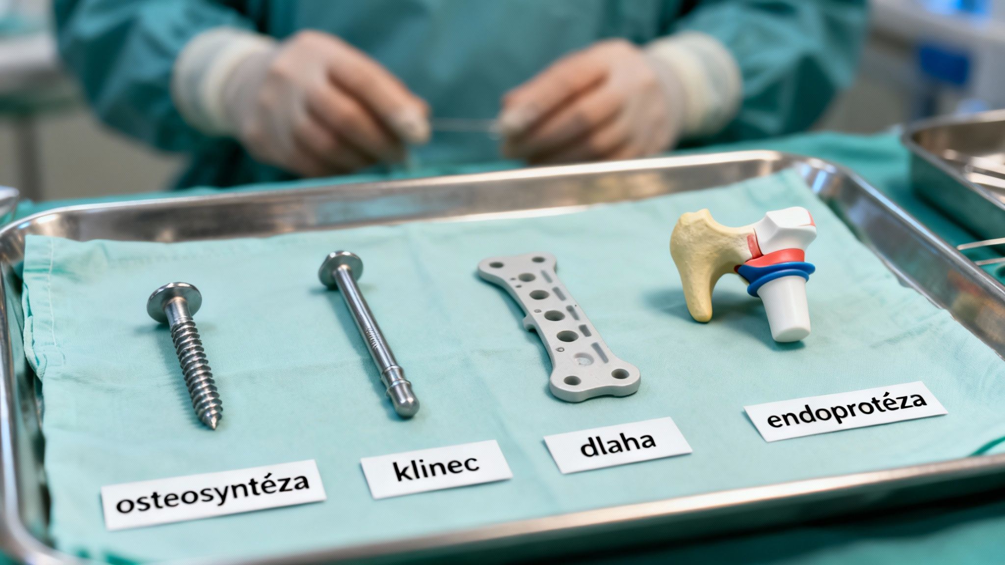 Rôzne ortopedické implantáty a nástroje, ako skrutka, klinec, dlaha a endoprotéza, pripravené na chirurgický zákrok.