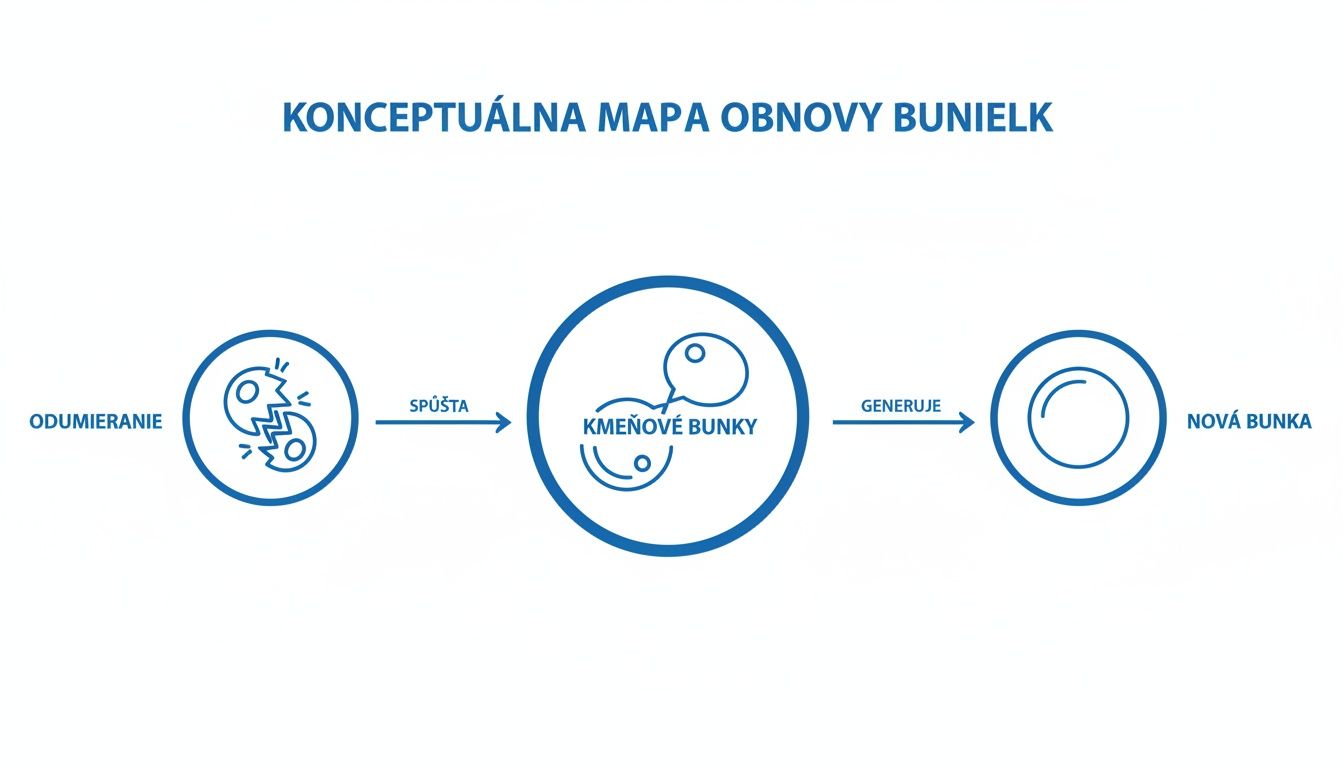 Konceptuálna mapa cyklu obnovy buniek, zobrazujúca proces odumierania, aktivácie kmeňových buniek a generovania novej bunky.