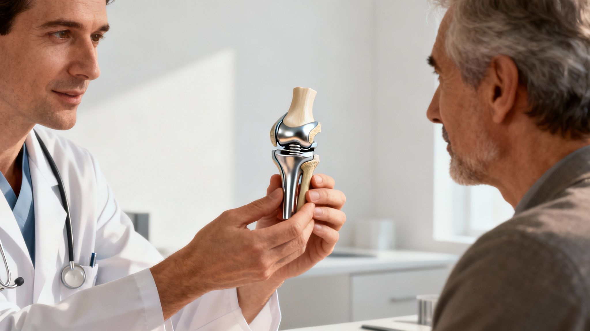 Doktor v bielom plášti vysvetľuje staršiemu mužovi s pomocou modelu, ako funguje náhrada kolenného kĺbu.