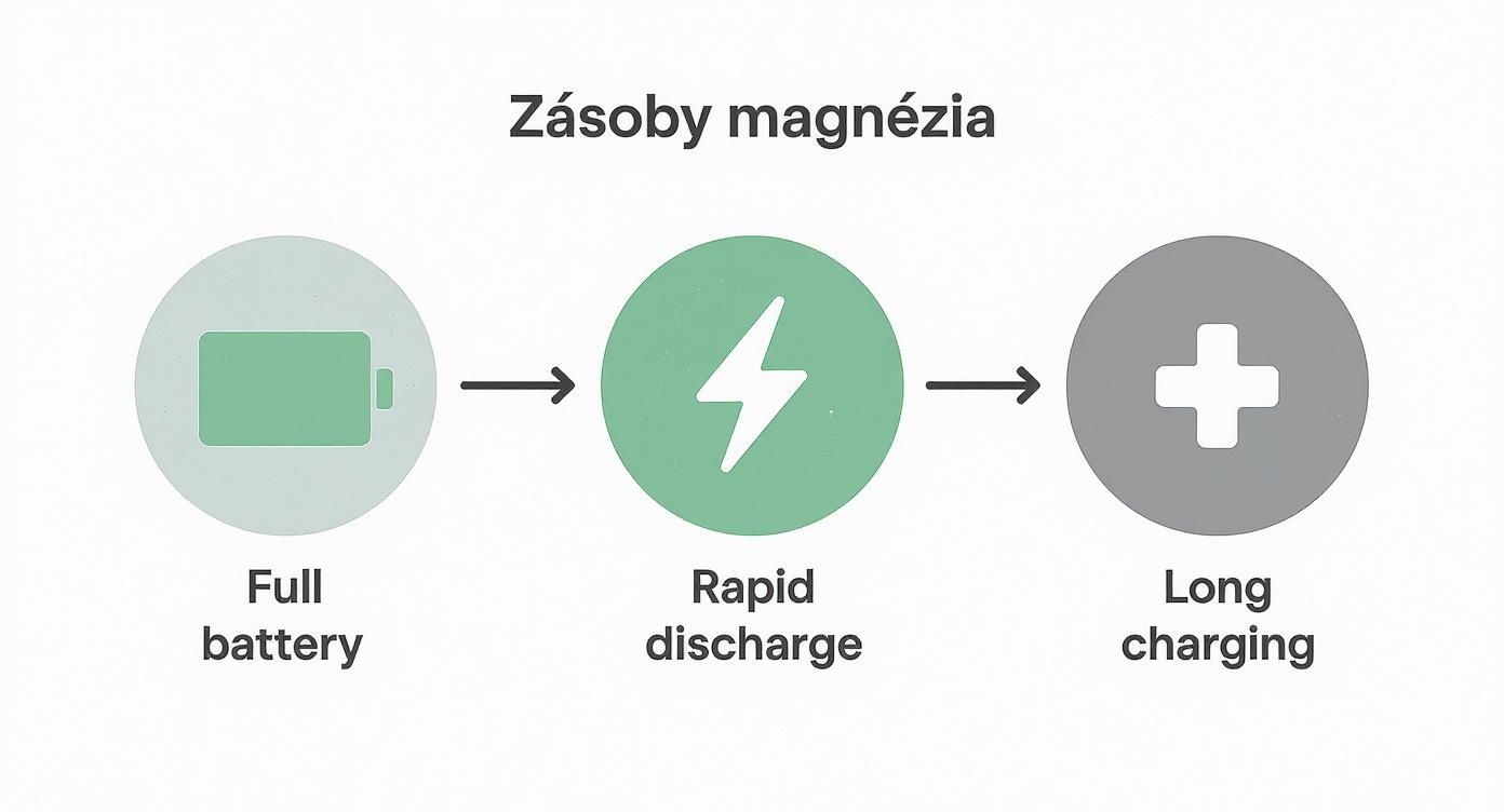 Diagram zobrazujúci prínosy magnézia: plná batéria, rýchle vybíjanie energie a dlhé nabíjanie organizmu