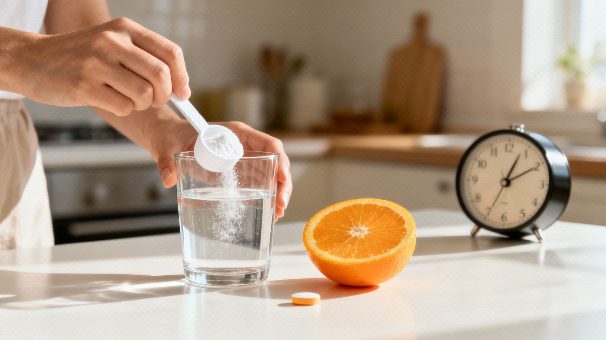 Person mixing collagen powder into a glass of water