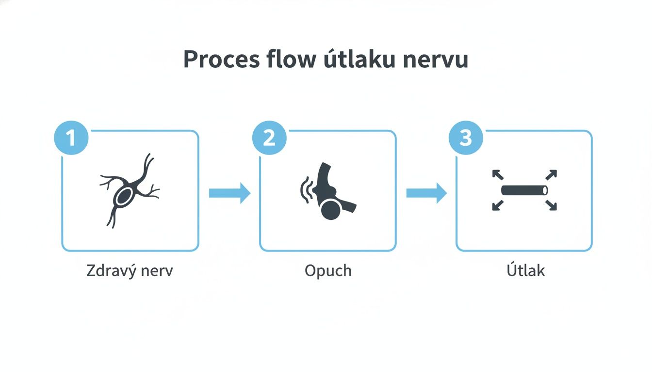 Procesný tok útlaku nervu: zdravý nerv, opuch a následná kompresia nervu.