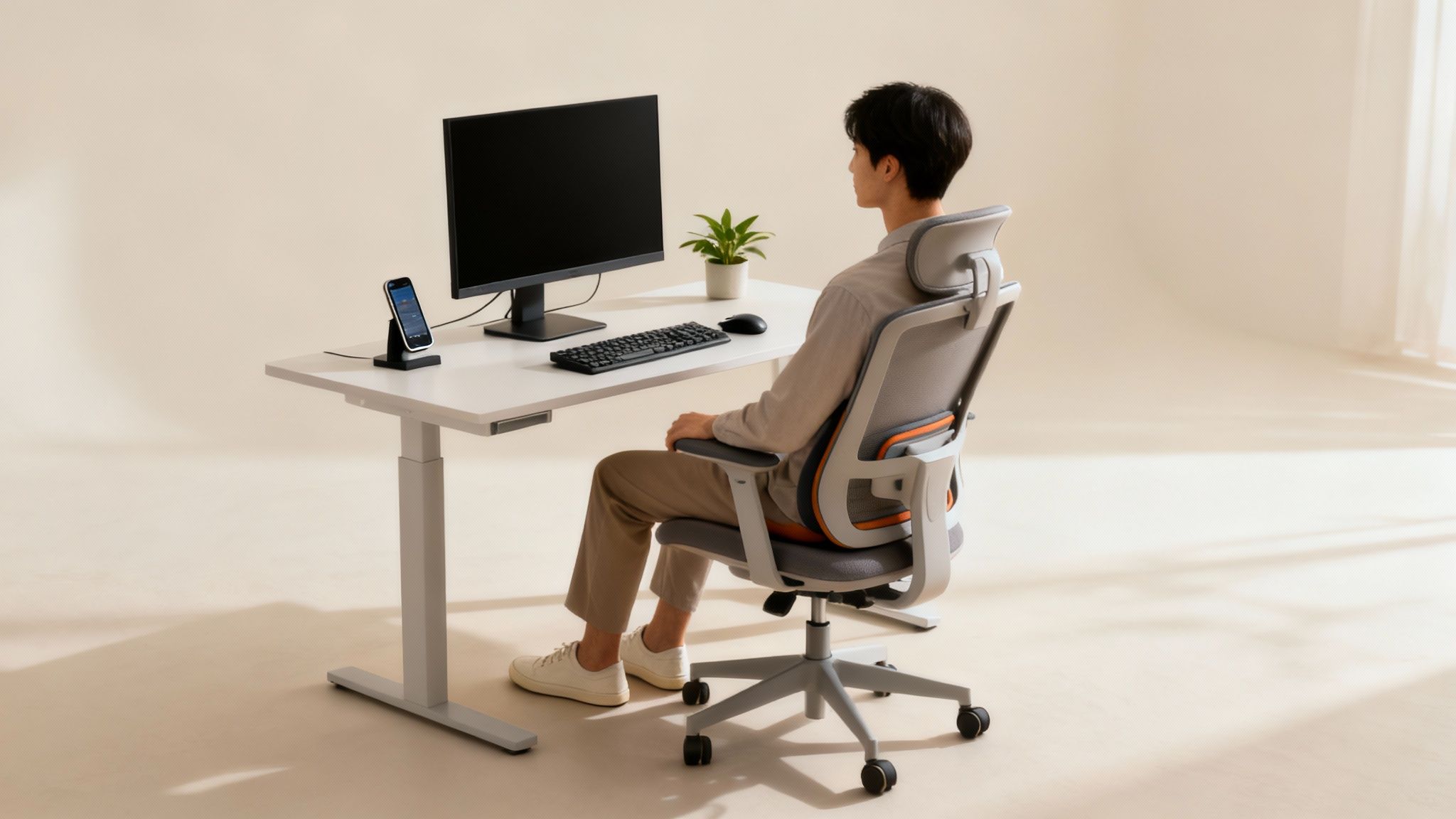 Osoba pracujúca v ergonomicky nastavenom pracovnom prostredí