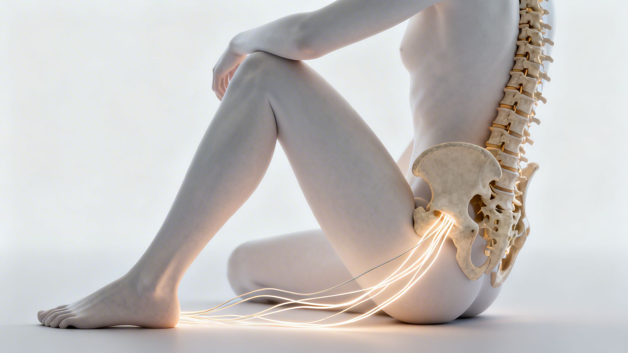 Bolesť v nohe spôsobená chrbticou, zobrazená cez svietiace nervy v anatomickom modeli.
