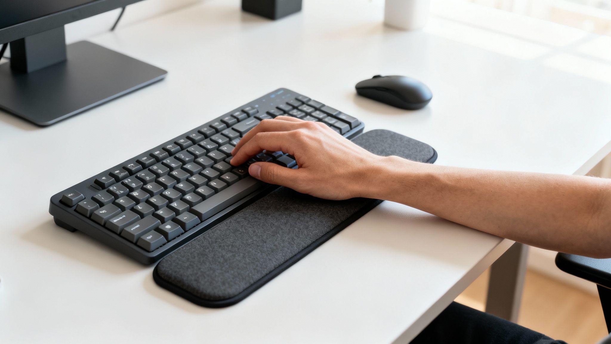 Ruka píšuca na počítačovej klávesnici s ergonomickou podložkou pod zápästie na bielom stole. Viditeľná je aj počítačová myš a monitor.