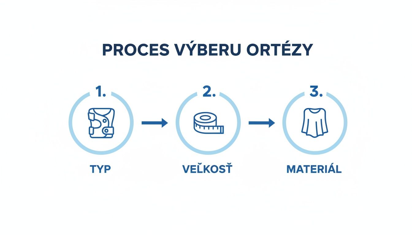Schéma procesu výberu ortézy s tromi krokmi: typ, veľkosť a materiál. Vizualizuje dôležité aspekty výberu.