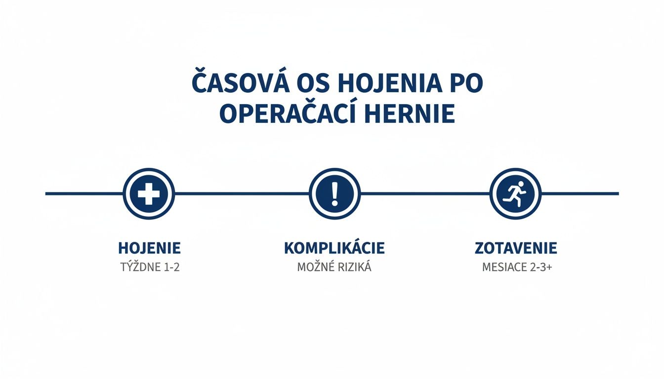 Časová os zobrazujúca proces hojenia po operácii hernie, vrátane fáz hojenia, možných komplikácií a zotavenia.