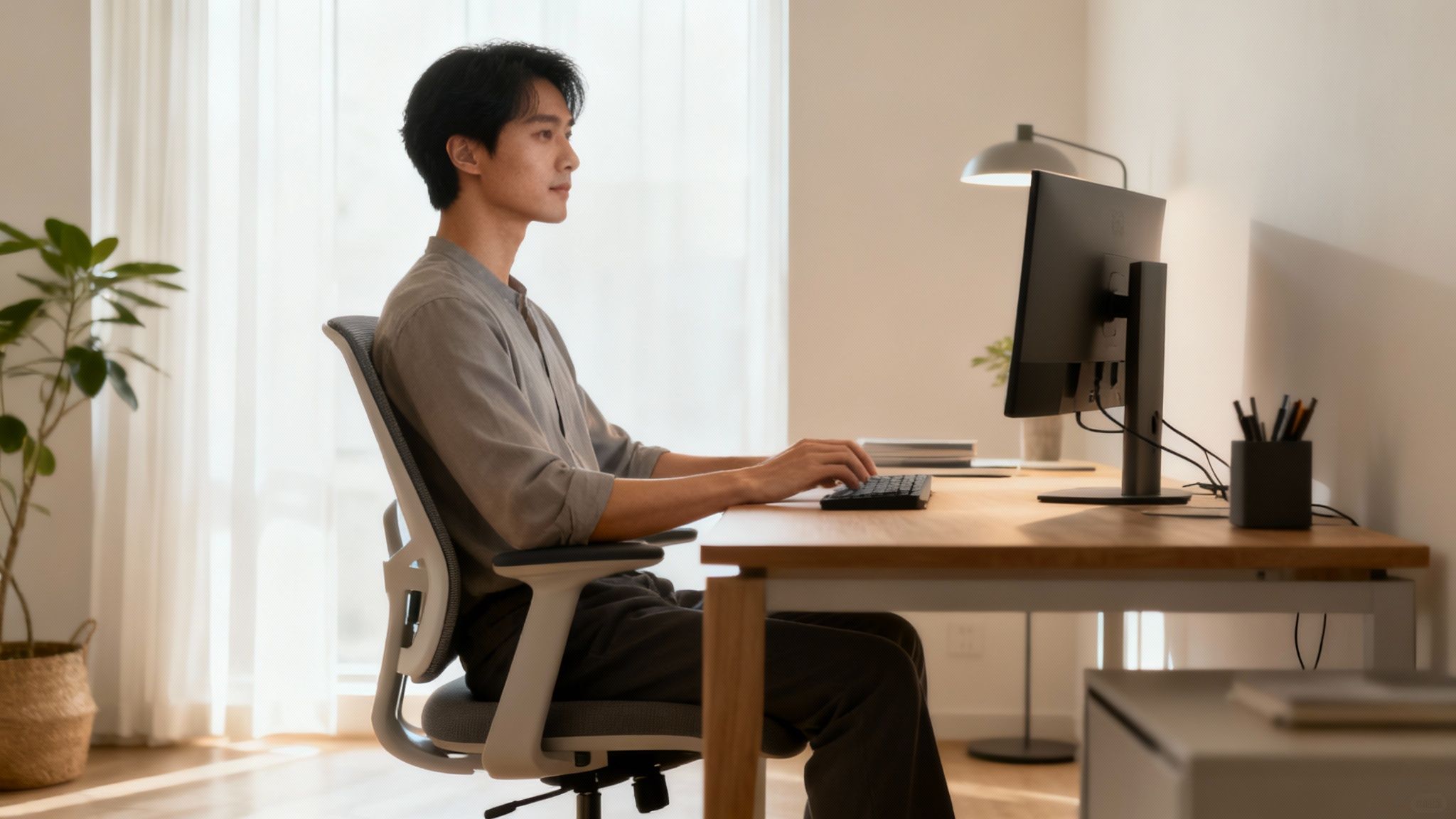 Osoba ergonomicky pracuje pri stole, s dôrazom na správne držanie tela