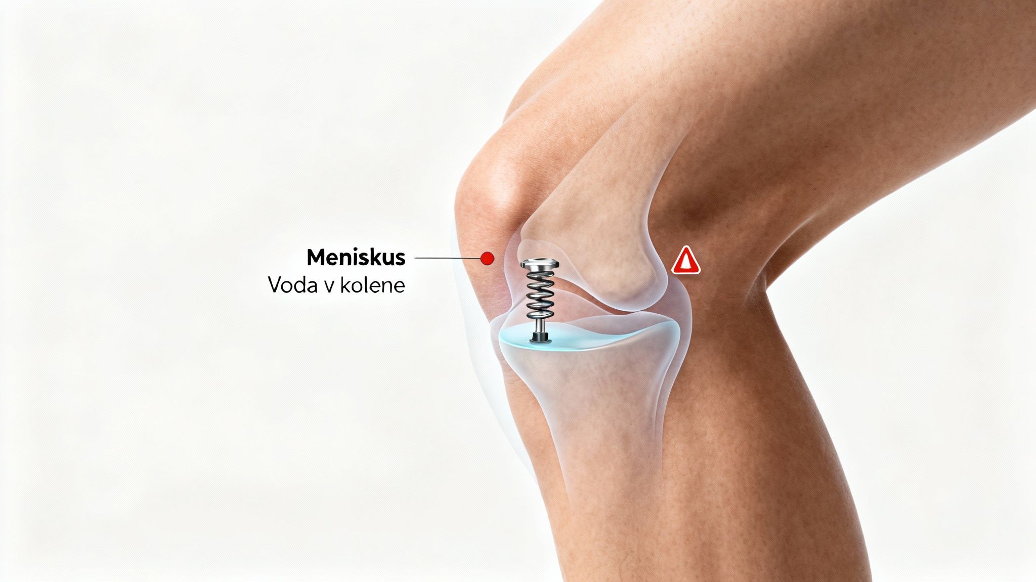 Ilustrácia ľudského kolena, ktorá zobrazuje meniskus, vodu v kolene a vnútorný pružinový implantát.