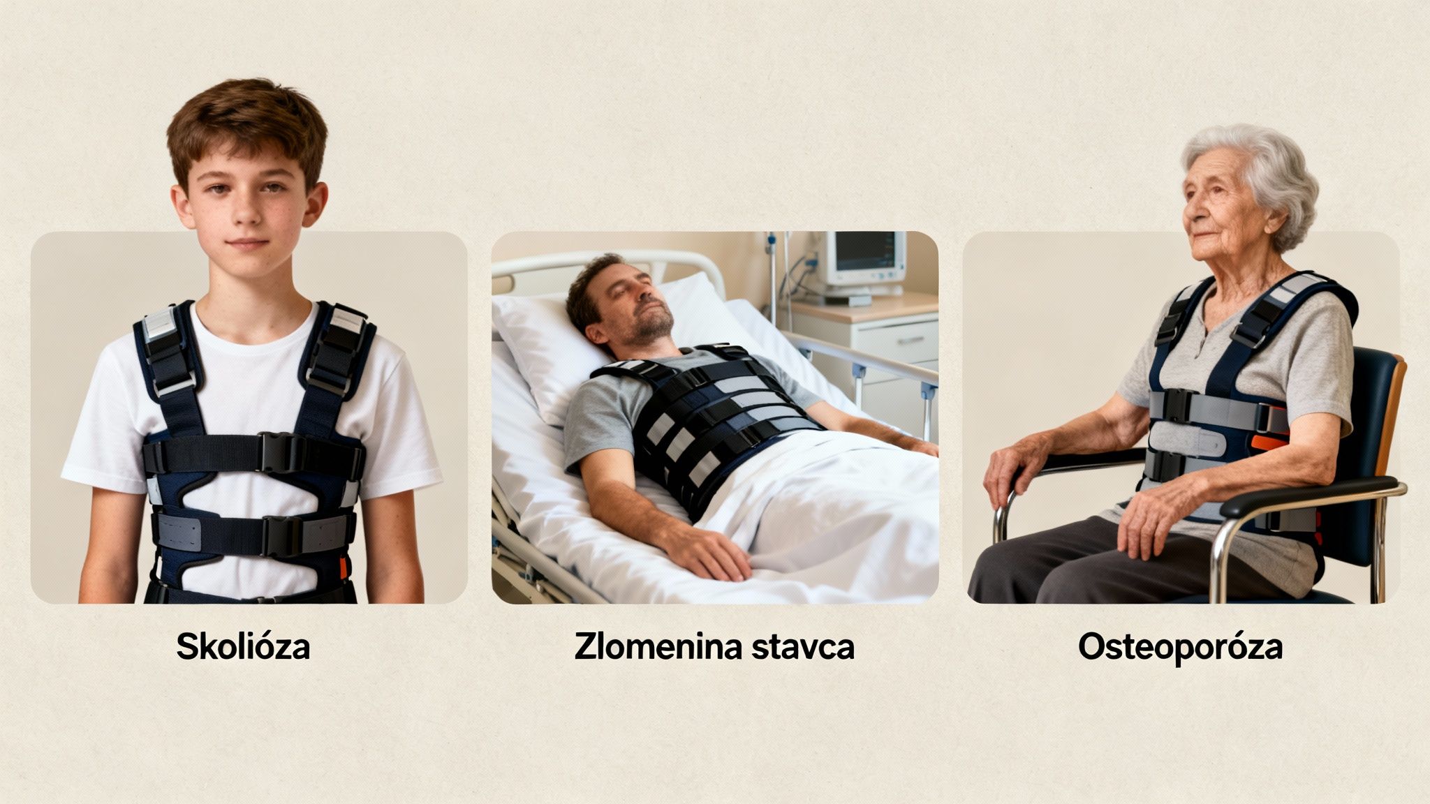 Traja ľudia (chlapec, muž, staršia žena) nosia korzety na chrbát na liečbu skoliózy, zlomeniny stavca a osteoporózy.