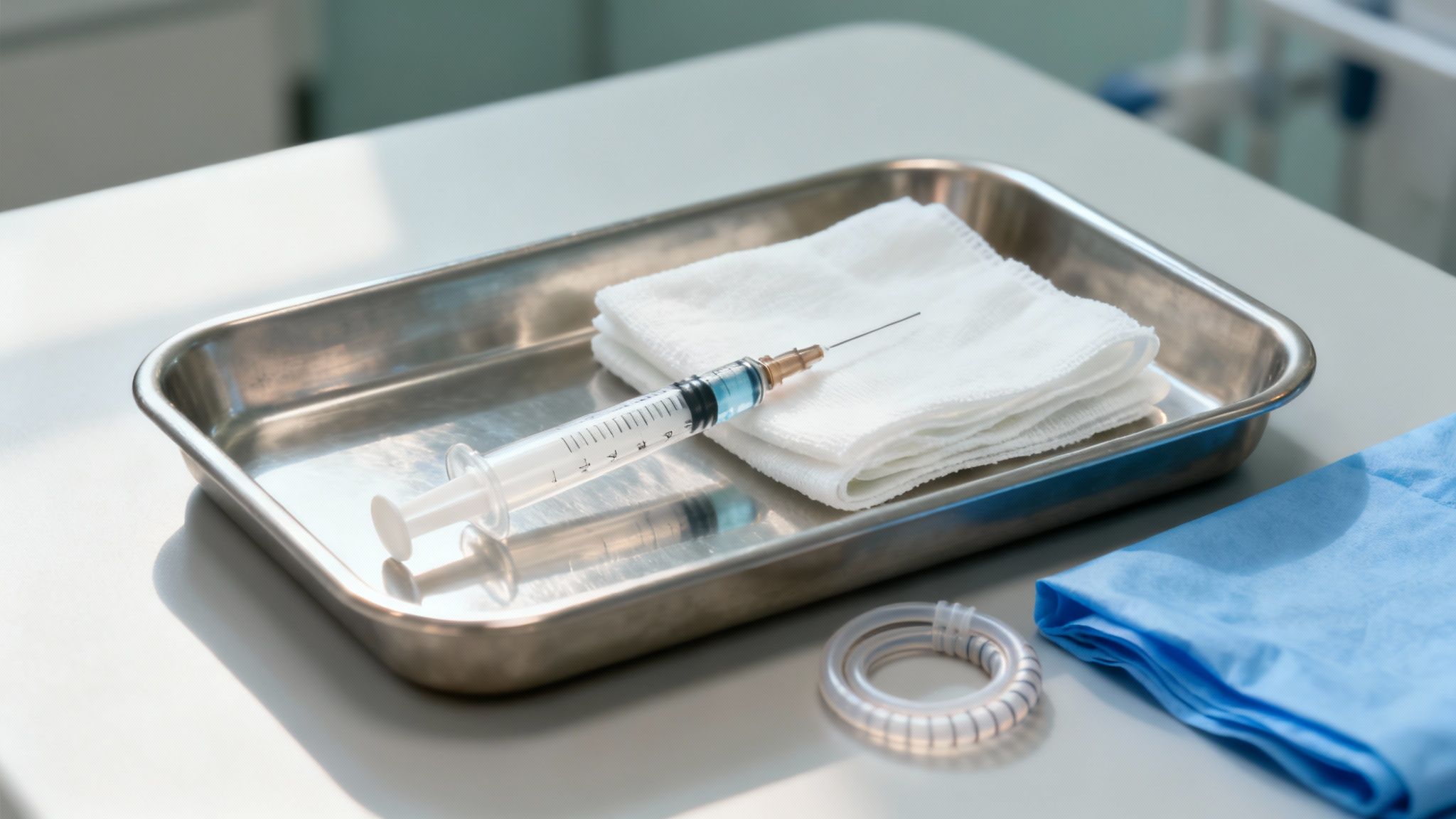 Na chirurgickom podnose sú sterilné nástroje: injekčná striekačka s tekutinou, gázové tampóny a medicínske pomôcky pripravené na zákrok.