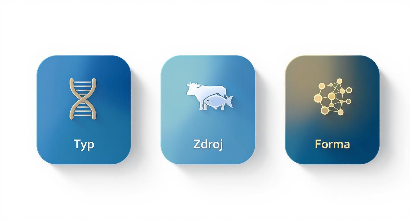 Tri ikony s textom: Typ (DNA helix), Zdroj (krava a ryba), Forma (molekulárna štruktúra).