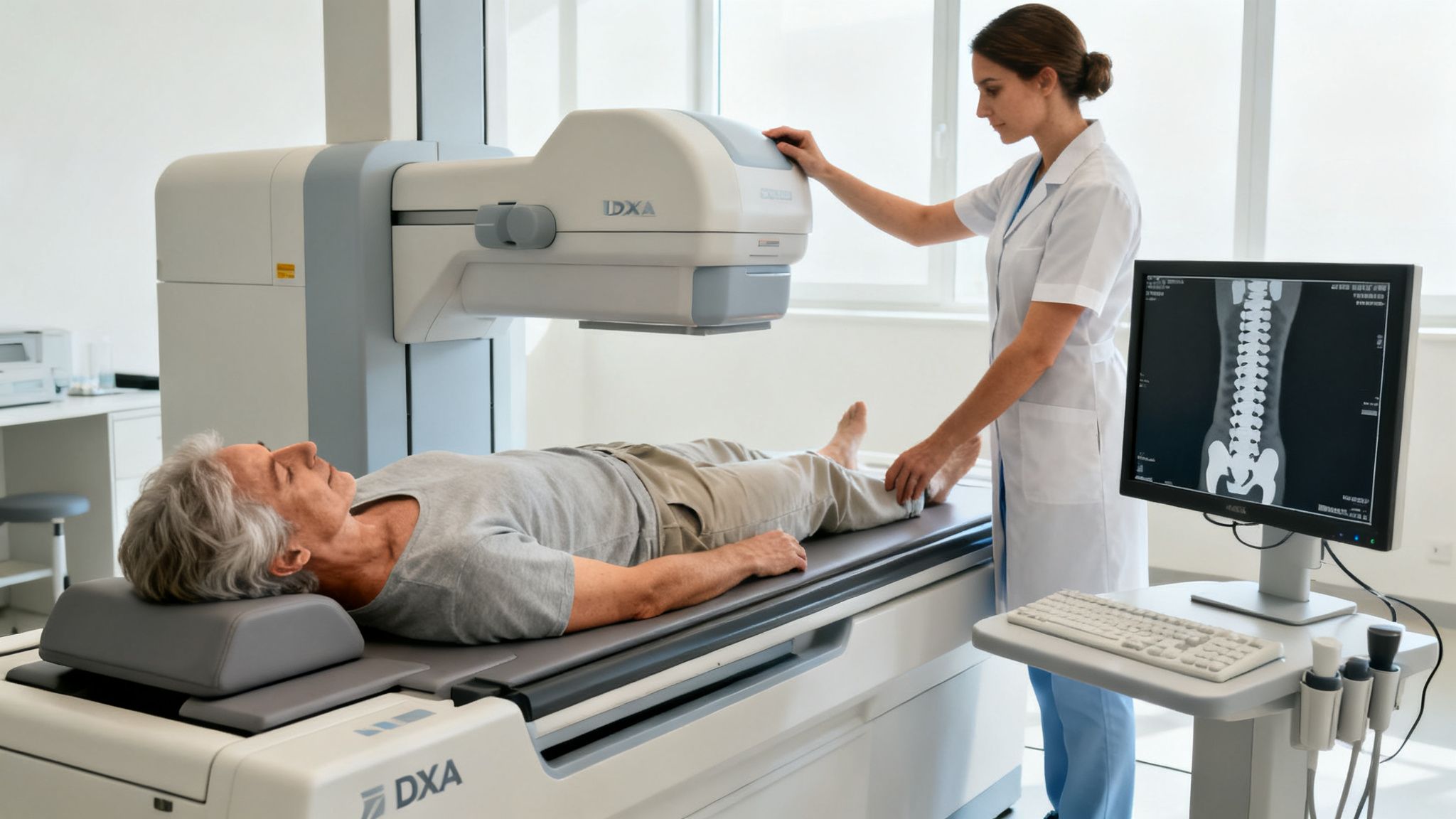 Zdravotníčka vykonáva DXA sken hustoty kostí na staršom pacientovi pre diagnostiku osteoporózy chrbtice.